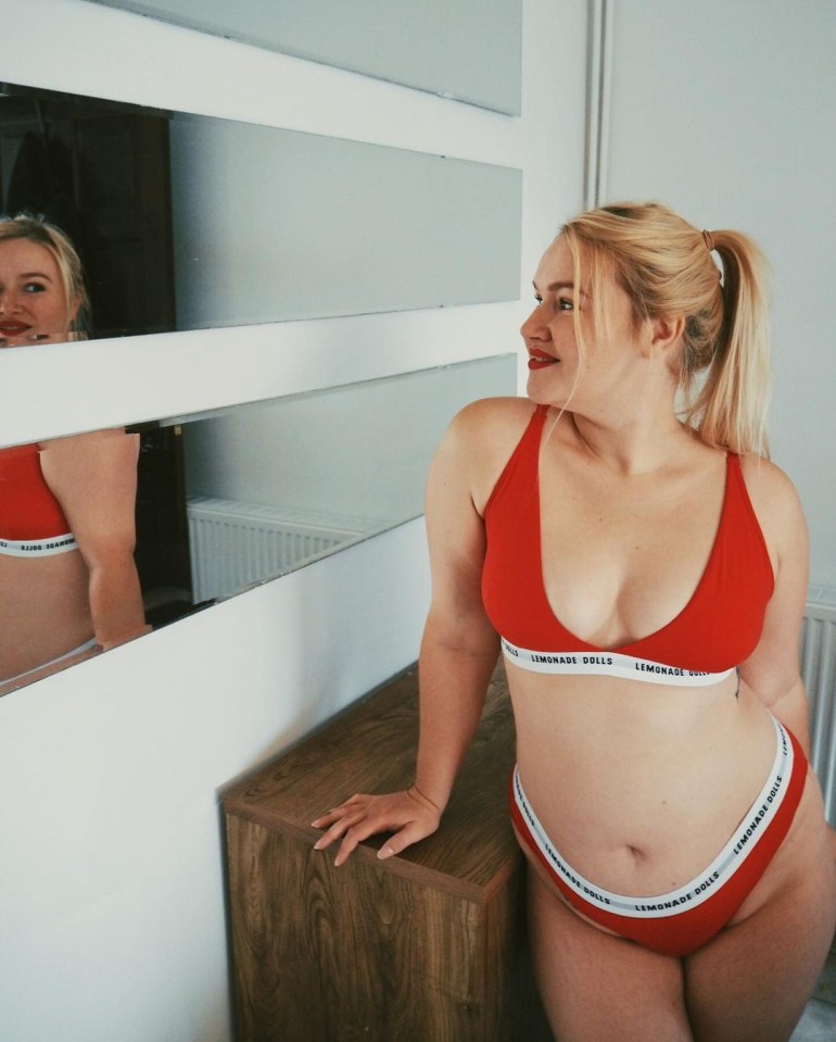 The actress stripped to red matching underwear for body confident snaps