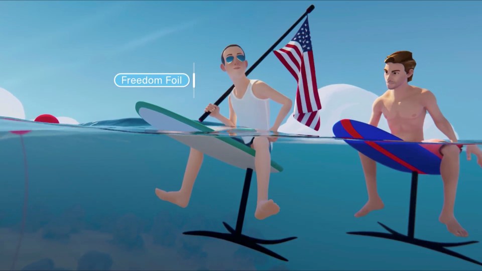 An avatar of Facebook CEO Mark Zuckerberg is seen carrying a U.S. flag while riding a hydrofoil in the 'Metaverse'