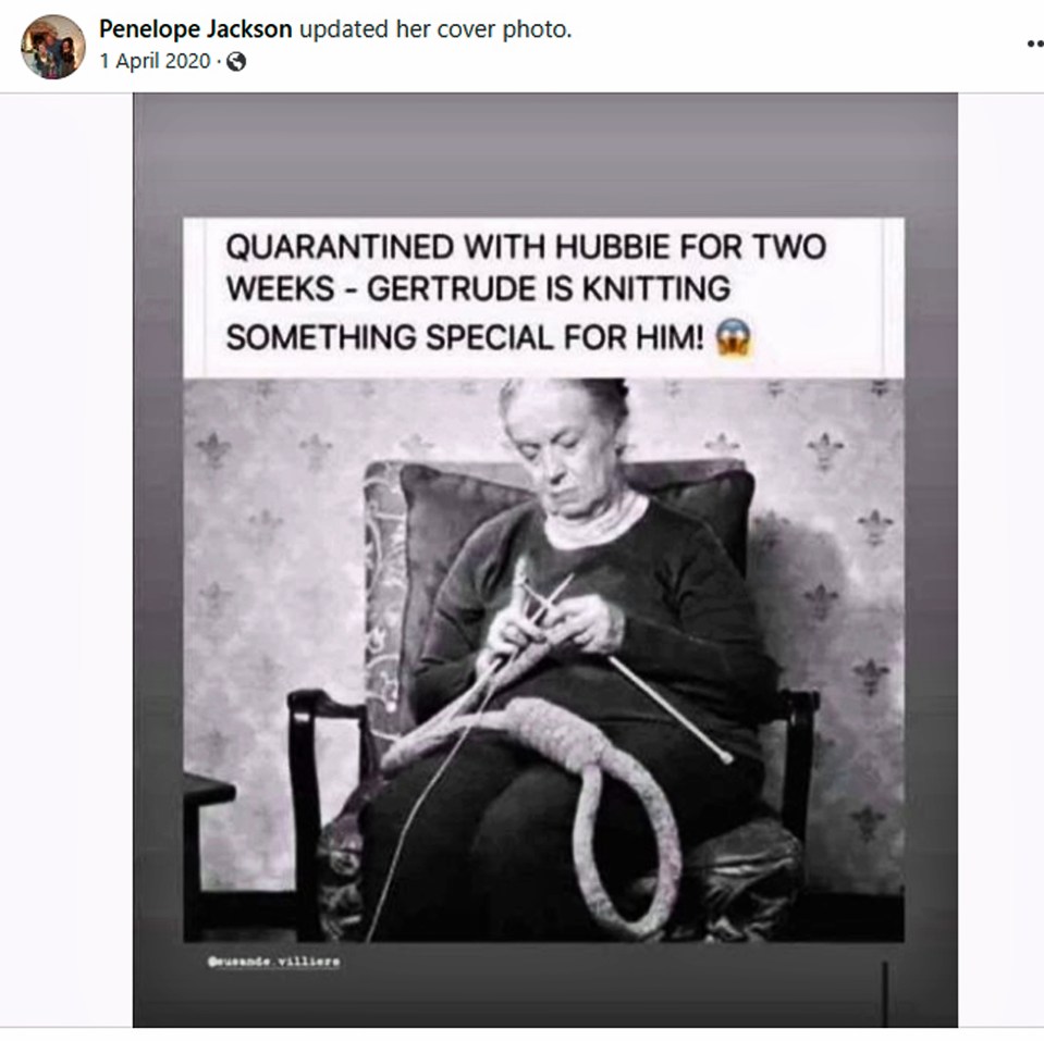 Jackson put the pic of the woman knitting a noose on Facebook during lockdown