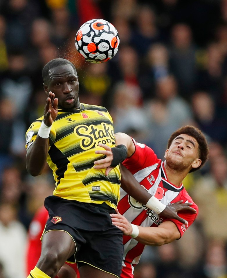 Watford's Moussa Sissoko wins the aerial battle