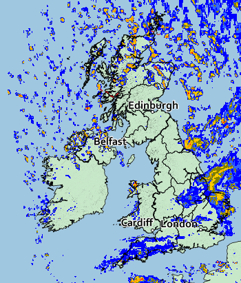 Weather map shows heavy rainfall over the South West and South East this morning