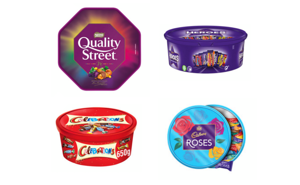 The festive tubs include Roses, Quality Street, Celebrations and Heroes