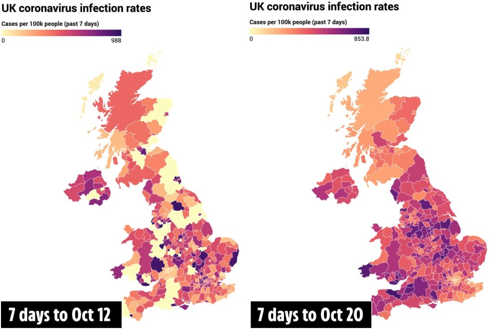 The map on the left shows infections across the UK in the seven days up to October 12, many areas are shaded un yellow – meaning that infections are low. The map on the right shows infections in the last seven days, with the majority of the country in darker colours