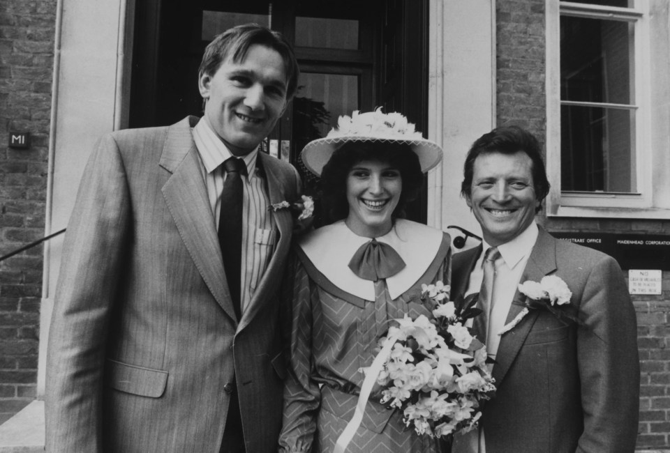 Johnny and Karen at her wedding to Donald Beech (left) in 1985