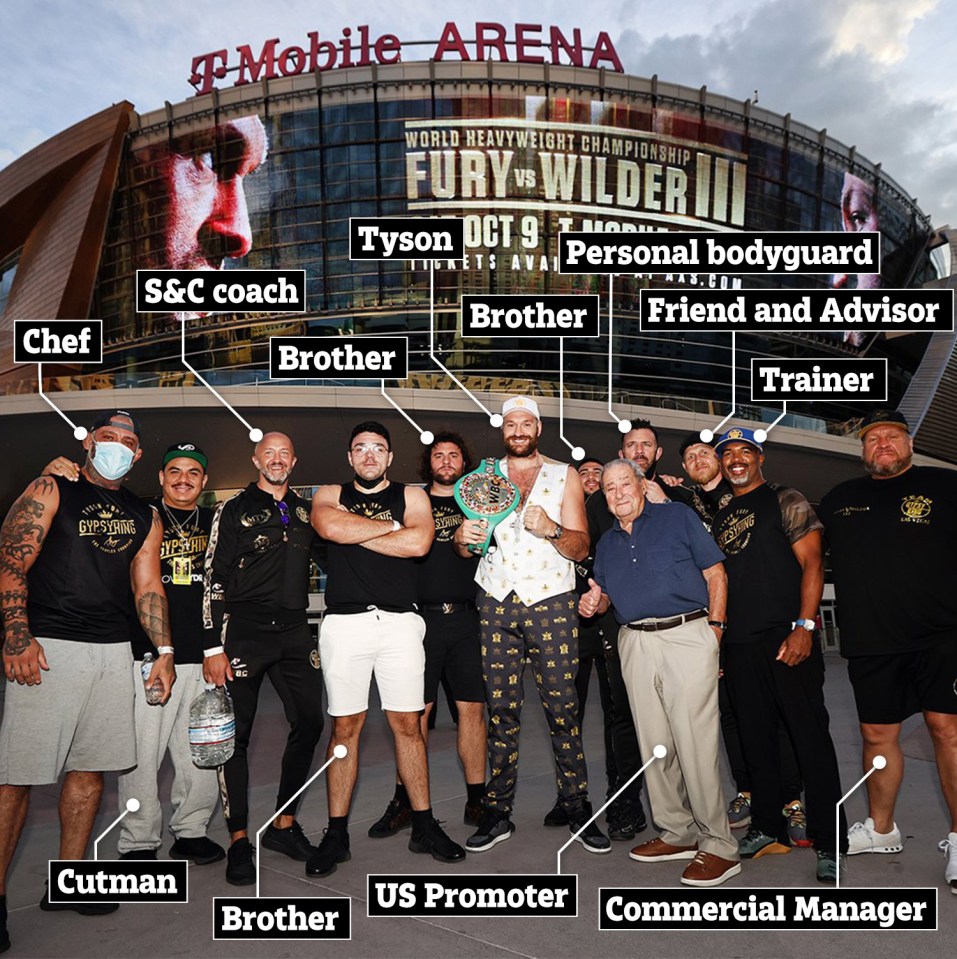 Tyson Fury and his 11-man team pose for a picture in front of the T-Mobile Arena