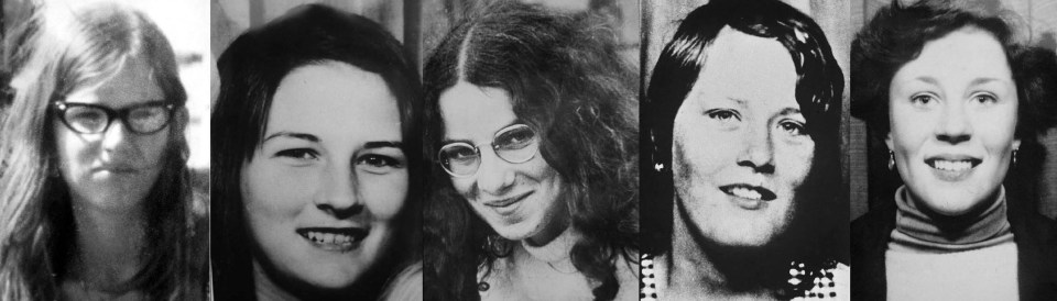 Rose and Fred West's victims - from left: Seamstress Lynda Gough, 19; West’s former lodger Juanita Mott, 18; undergraduate Lucy Partington, 21; children’s home residents Carole Ann Cooper, 15, and Alison Chambers, 16.