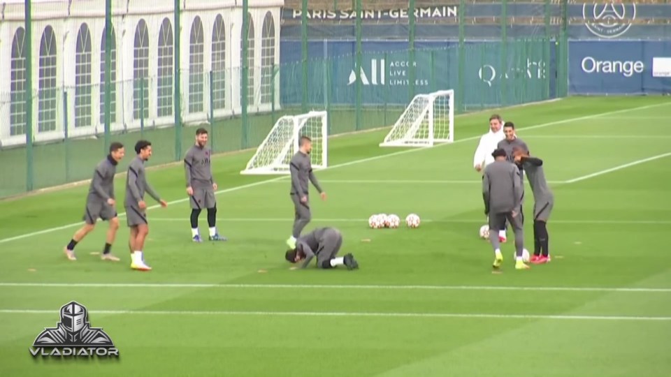 Neymar falls to the floor after being nutmegged by Ander Herrera