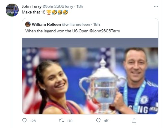 Terry laughed at a photo of him hoisting the US Open title with Emma Raducanu