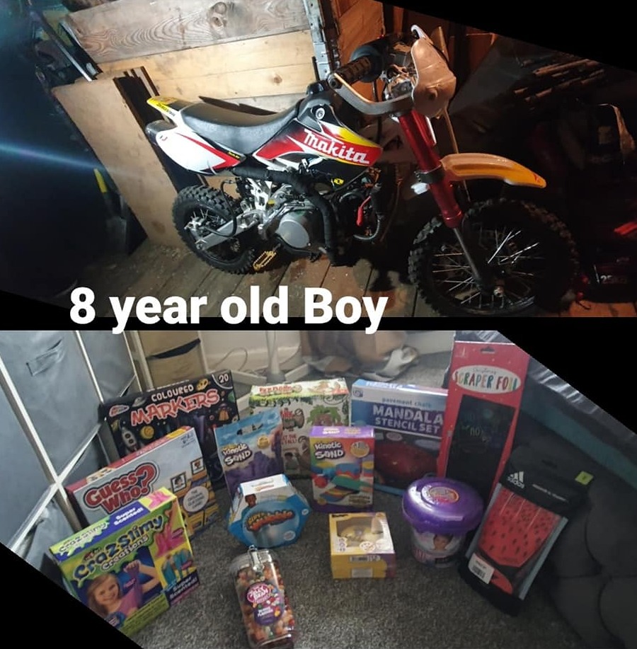 Her son already has a motorbike waiting for him as well as a range of board games and toys