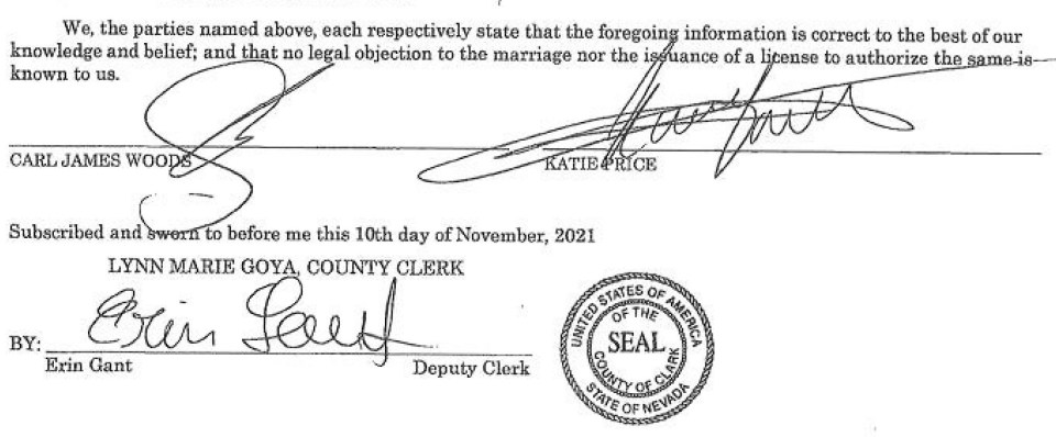 The pair's signatures were shown on the marriage document signed on Wednesday