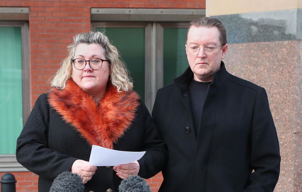 Lisa and Russell Squire speaking outside Sheffield Crown Court, where Pawel Relowicz was found guilty of raping and murdering their daughter