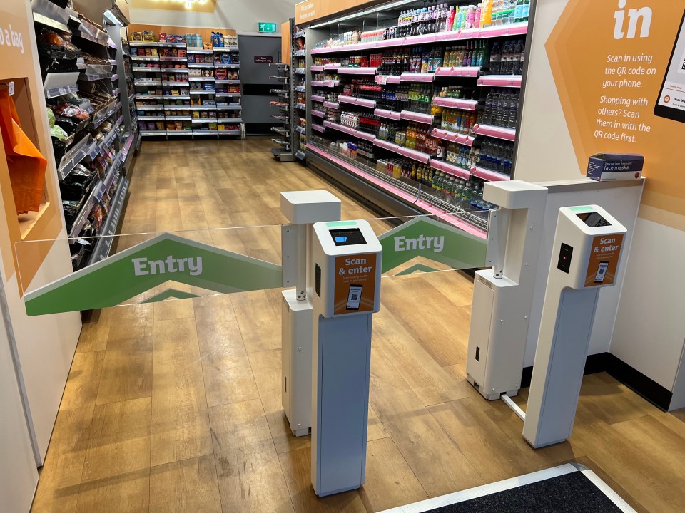 Customers scan a QR code to get in, take items off the shelves and stroll out. Their bank card is later charged through their online Sainbury’s account