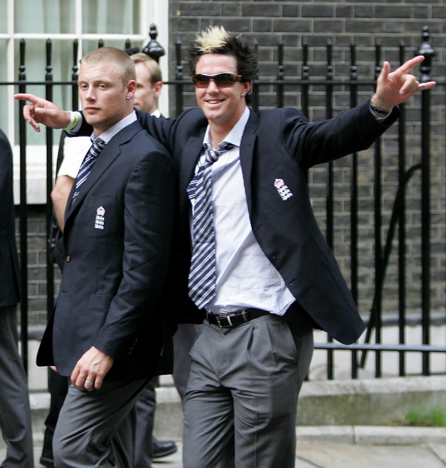 Freddie looked bleary-eyed with teammate Kevin Pietersen at a Downing Street victory reception after England’s 2005 Ashes victory