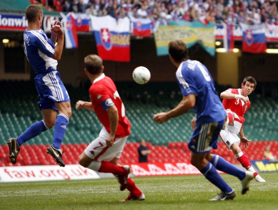 Bale grabbed his first goal in style against Slovakia in a Euro 2008 qualifier in Cardiff in 2006