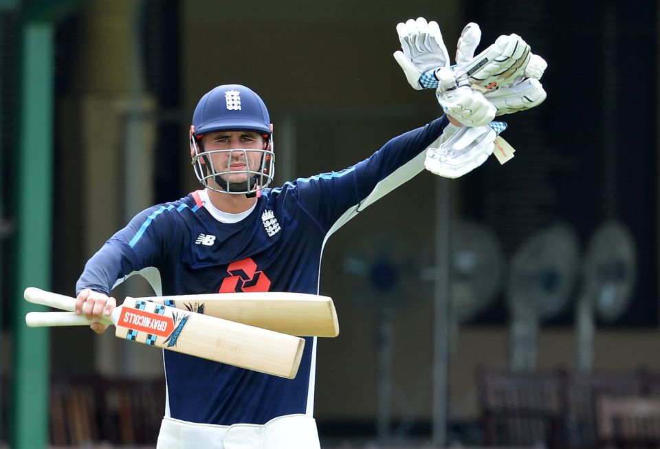 Alex Hales gestures during a practice session