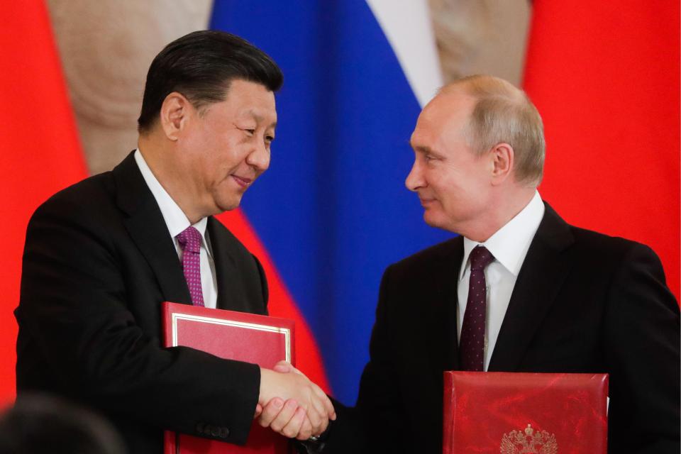 China's President Xi Jinping, left, and Russia's President Vladimir Putin during talks in the Kremlin in 2019