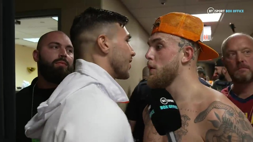 Tommy Fury (left) and Jake Paul face-off after their respective fights last August