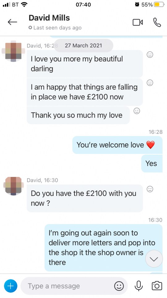 Maria regularly sent money to 'David' at his request