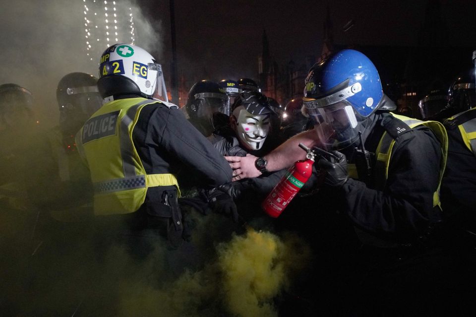 Police clash with an anti-Government protester in London