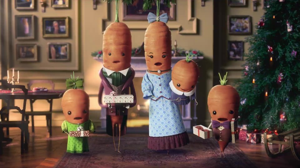 Kevin the Carrot with his Dickensian family, including children Tiny Tom, Peas and Goodwill