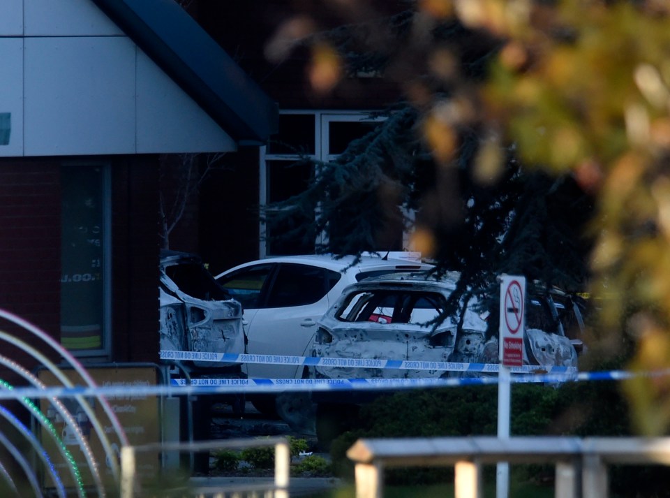 Two burnt-out cars could be seen in the car park of Liverpool Women’s Hospital