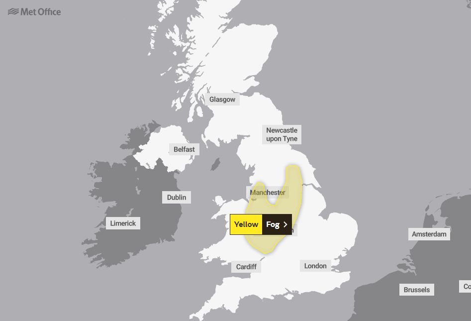 The Met Office has issued a fog warning across the Midlands