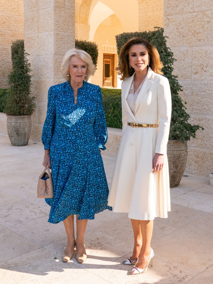 Camilla pictured with Queen Rania outside the Al Husseinnlya Palace in Amman