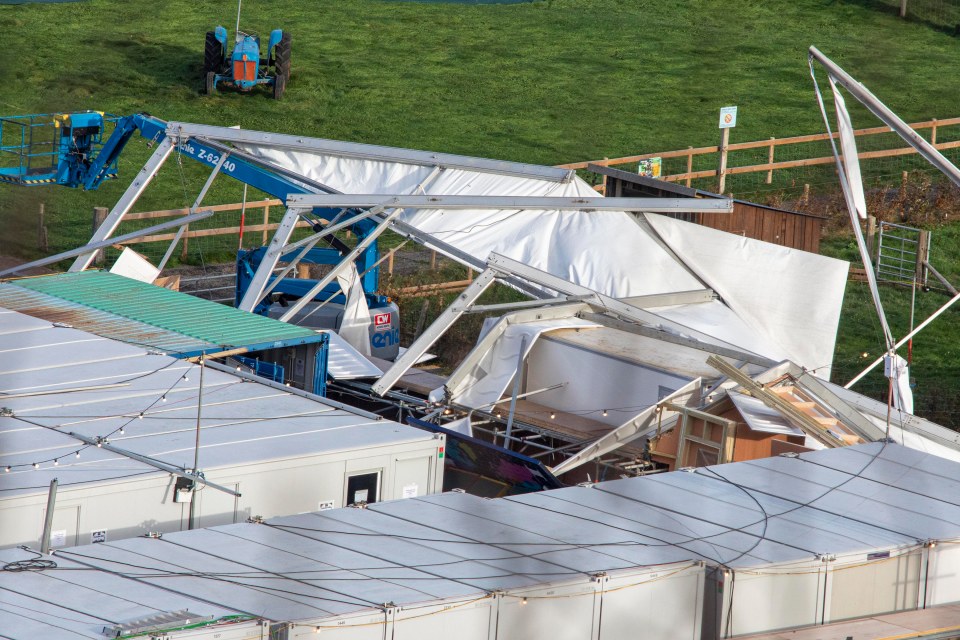 Marquees holding the crew's equipment were damaged by the storm