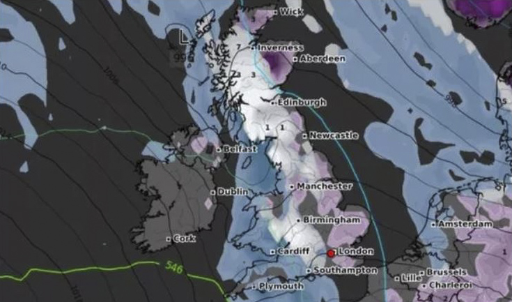 A map shows further snow next Friday affecting England, Scotland and Wales