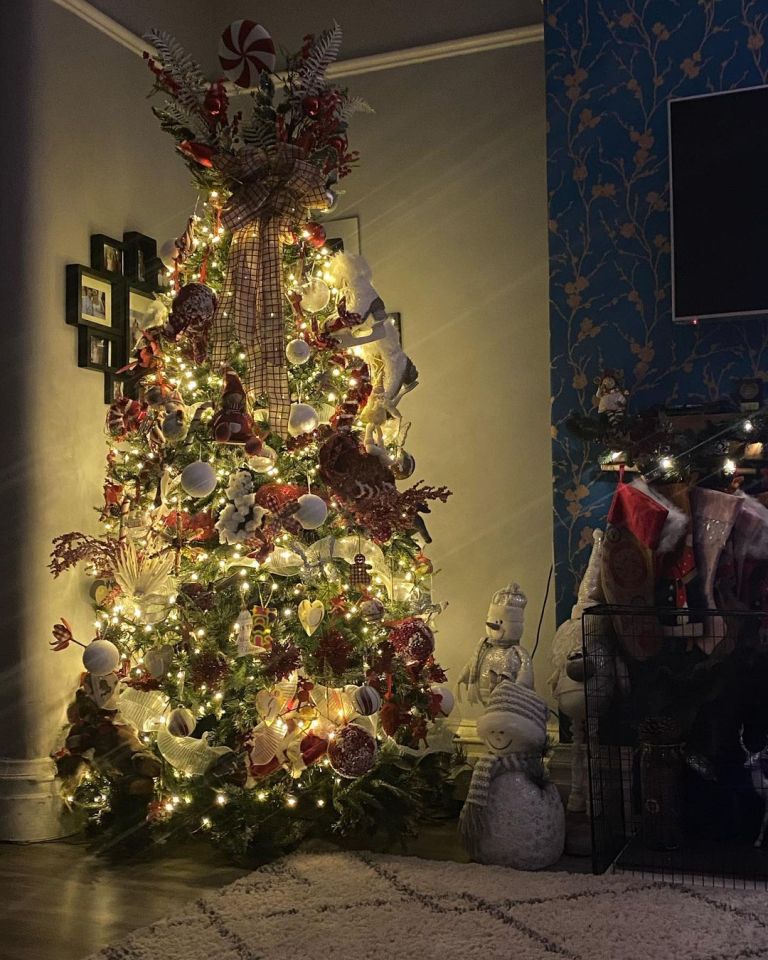 The family’s large lounge has a tree covered with candy canes, ice skates and red and white baubles