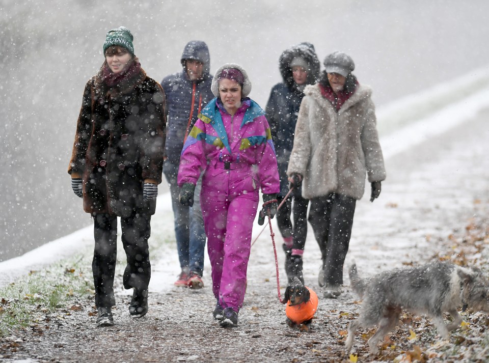 Snow falls in Sale, Cheshire, as walkers head out for a Sunday stroll