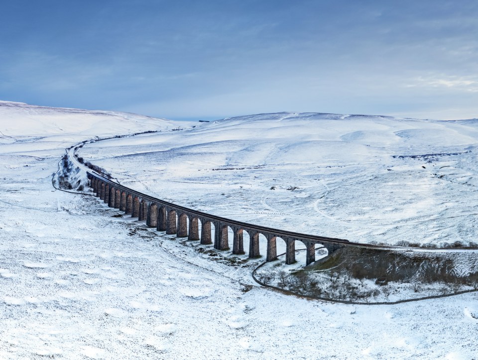 The Ribblehead viaduct in North Yorkshire surrounded by snow on Sunday morning