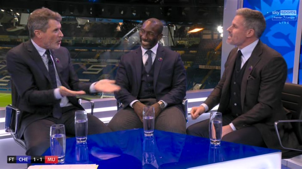 Roy Keane raged at Jamie Carragher in the Sky Sports studio - as Jimmy Floyd Hasselbaink watched on smirking