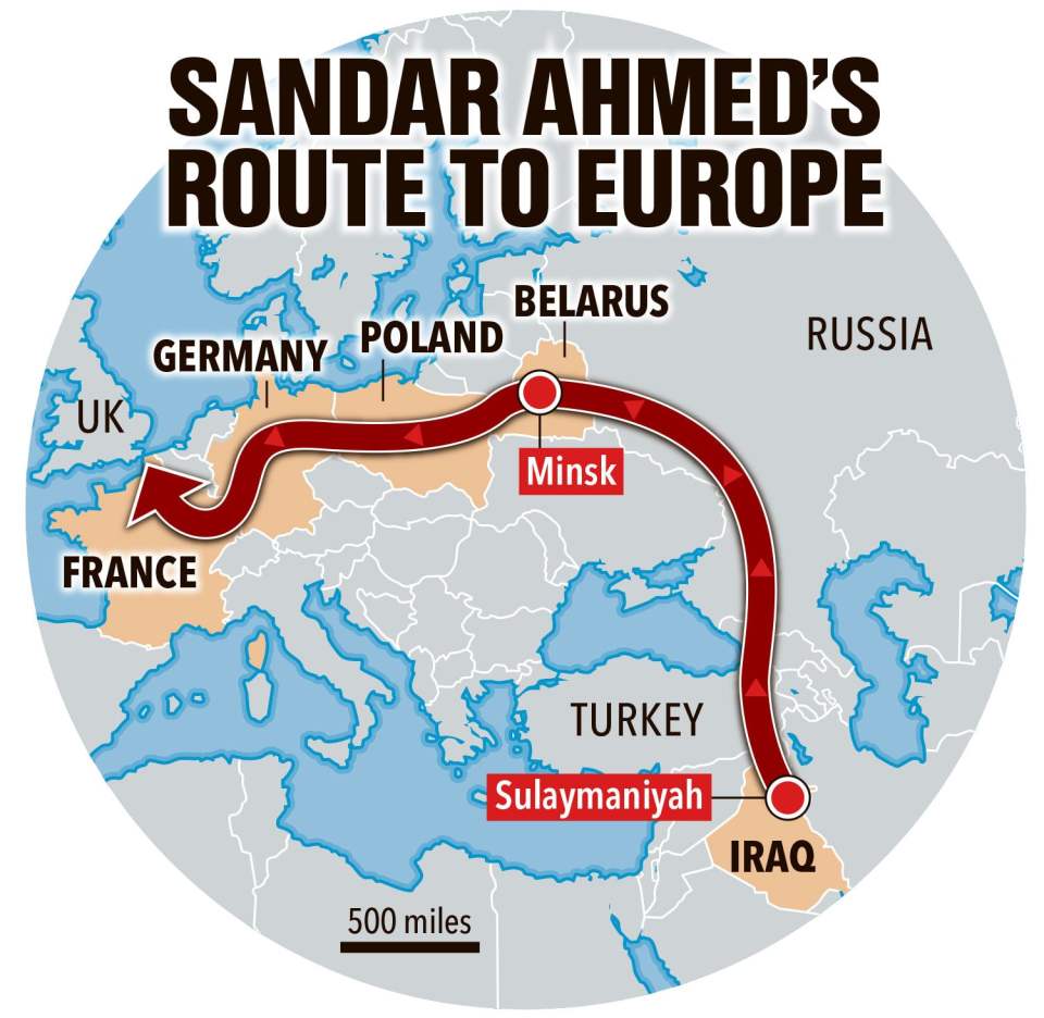 Sangar began his journey in Iraq and has almost arrived in Britain