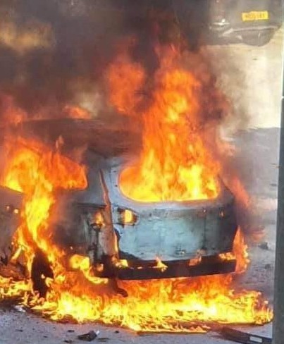 A fire breaks out at the side of the front passenger seat, with 20ft flames shooting upwards