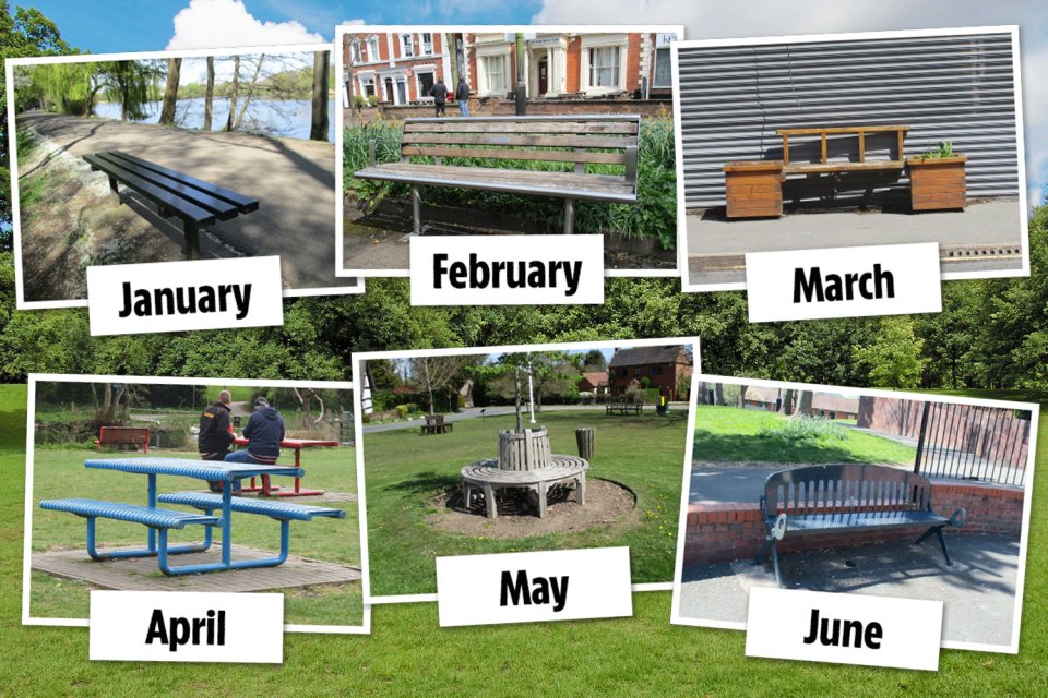 Thrilling captions for the bench photos include: 'March - Somewhat sad looking wooden bench standing guard outside a defunct chip shop'