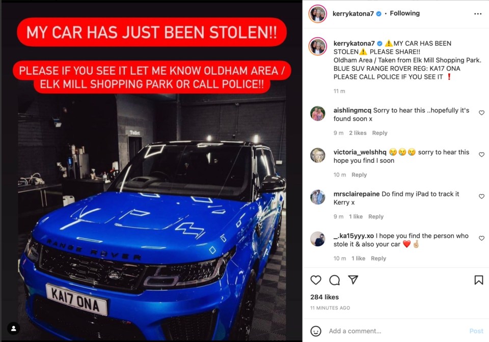 She shared this image of the pricey Range Rover