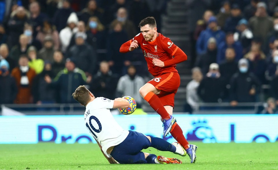 Harry Kane escaped a red card with this high tackle on Andy Robertson