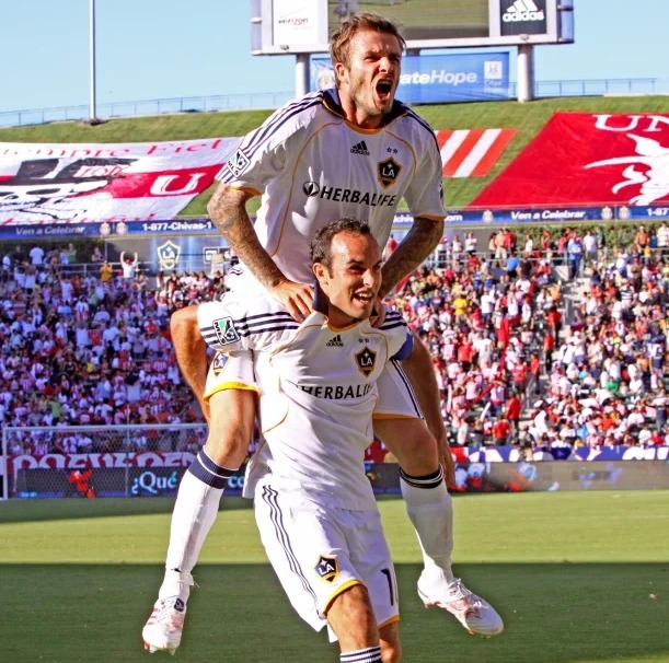 US football legend Landon Donovan in his pomp with LA Galaxy team-mate David Beckham