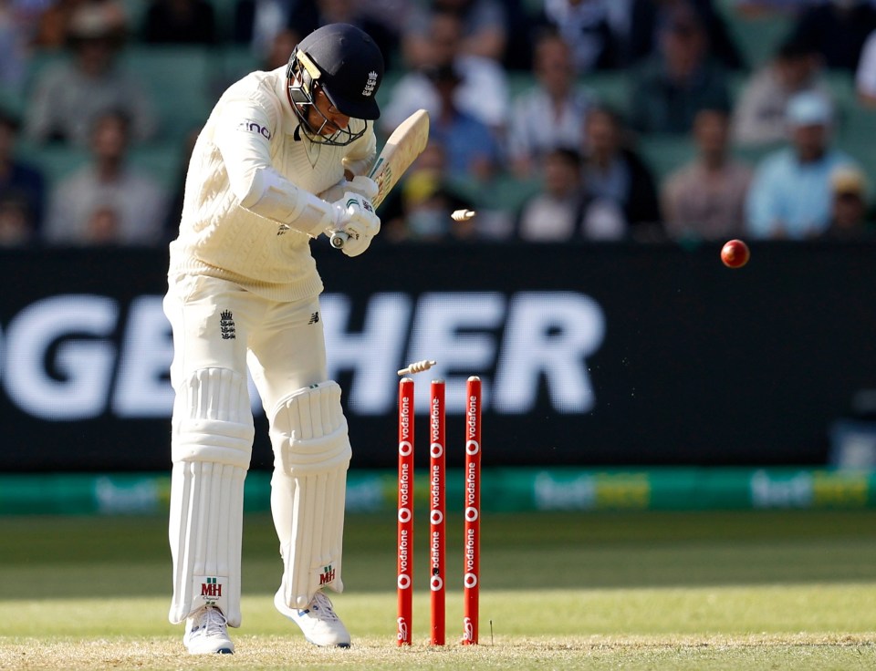 Nightwatchman Jack Leach was bowled offering no shot to Scott Boland