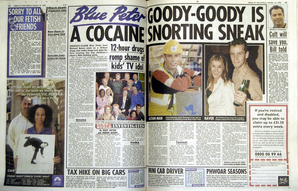 Richard Bacon is “best known” for losing his job on Blue Peter after a cocaine binge, in 1998