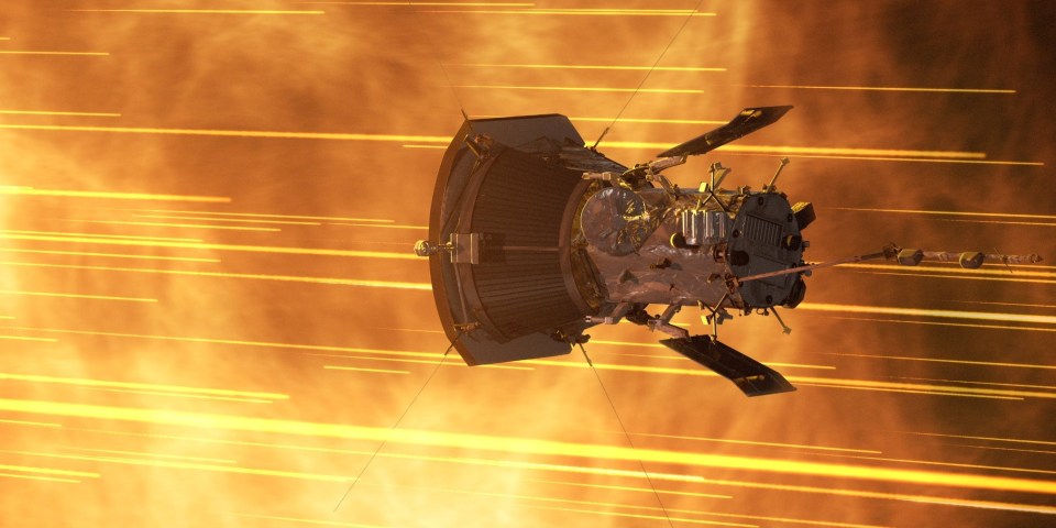 Illustration of the Parker Solar Probe traveling past the sun.