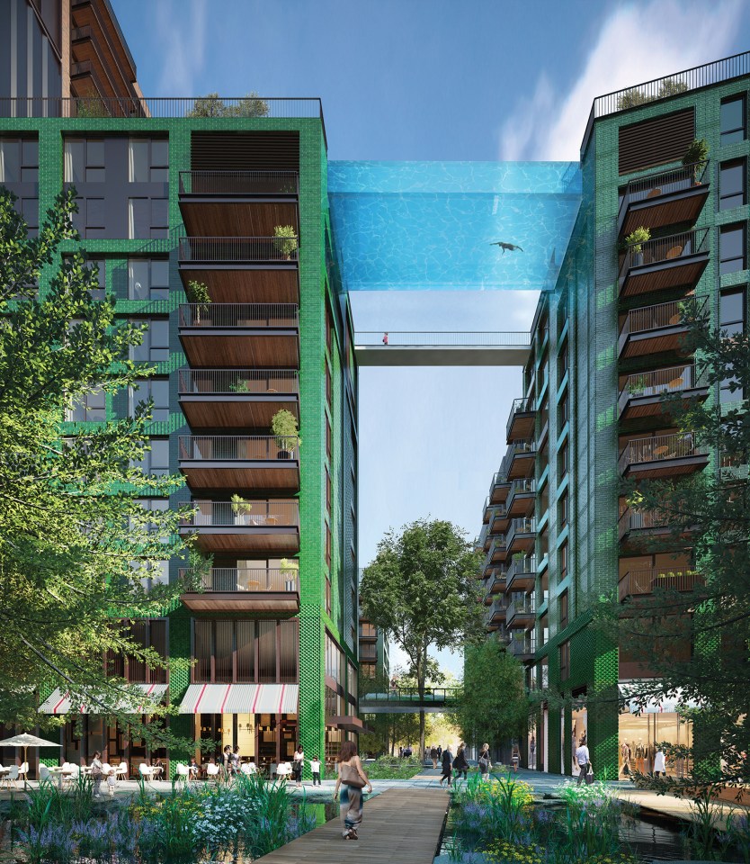 The transparent Sky Pool, suspended 13 floors above the ground between two luxury blocks of flats in London