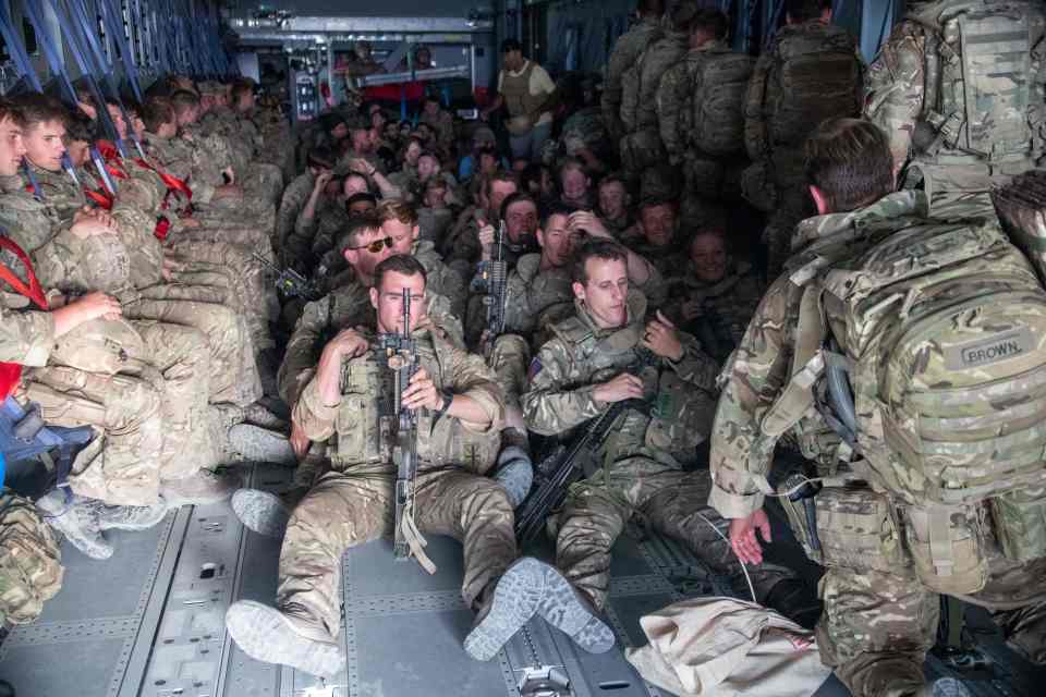 British military personnel on-board a Royal Air Force aircraft ahead of departing Kabul Airport on August 28