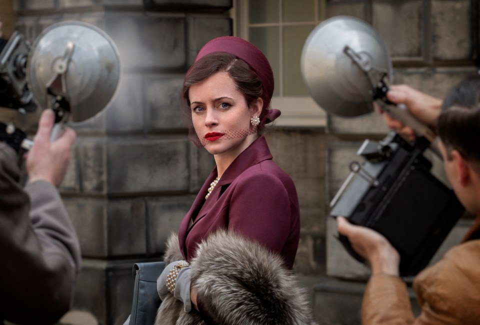 Claire Foy as the Duchess, pursued by photographers in a scene from A Very British Scandal