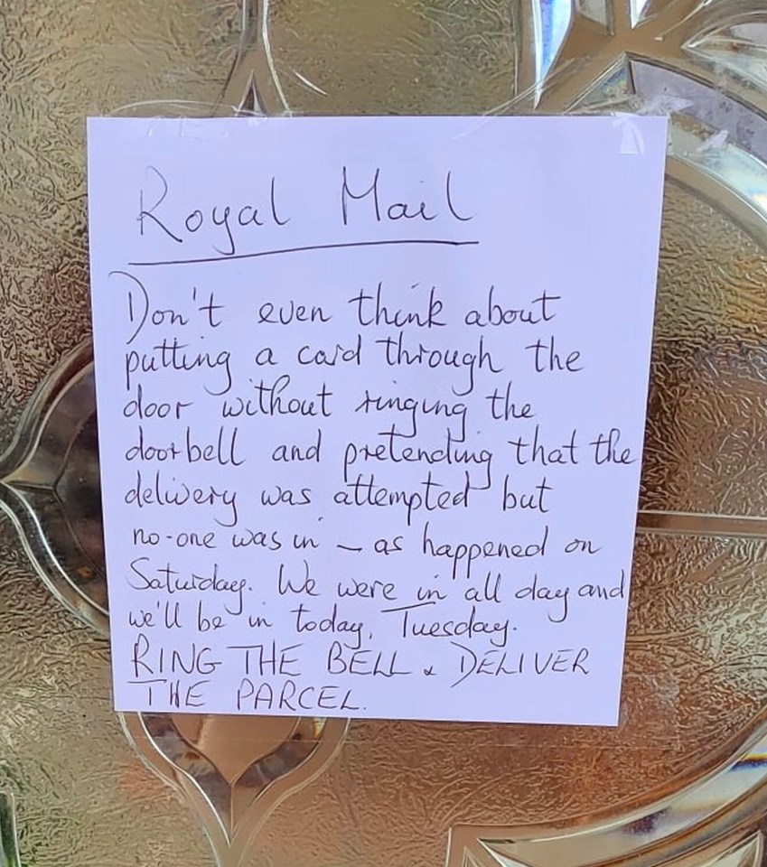 The handwritten note taped to the door enraged the postman - who has threatened to boycott the house