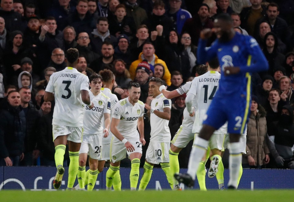 Leeds celebrate going ahead against Chelsea