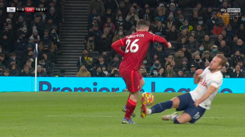 Kane was extremely lucky not to be sent off for this lunge on Andy Robertson