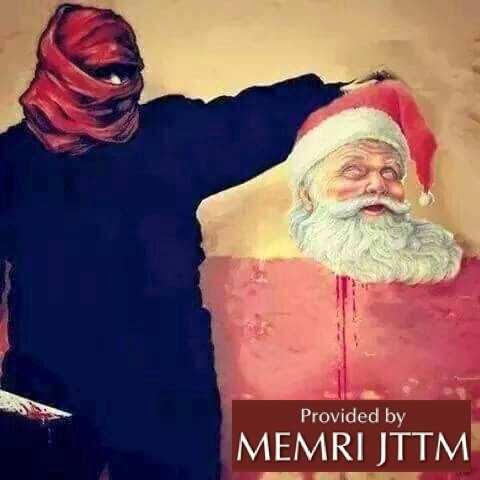 The poster shows a jihadi killer brandishing decapitated Santa's head