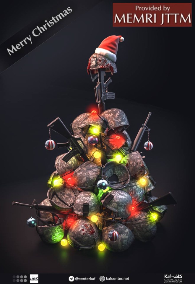 This image shows riffles stabbing a Christmas tree with US army helmets and Stars and Stripes baubles